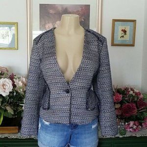 Banana Republic Blue Tweed Sequin V Neck Blazer